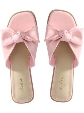 🆕Women's Pink Bow Flat Sandals Square Open Toe Dressy Comfortable Slides